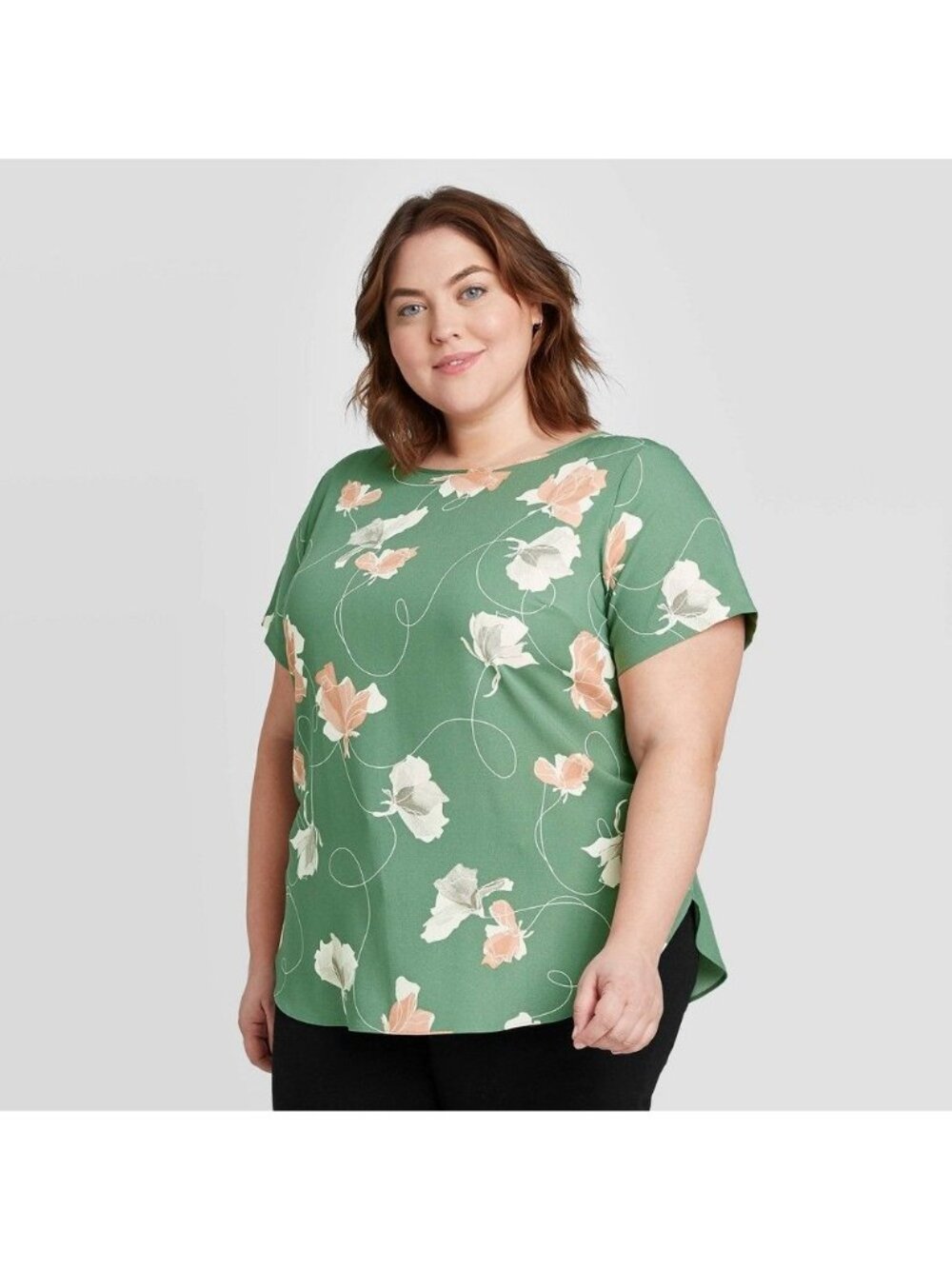 Jade Green Floral Plus Size Top With Button Back Detail Short Sleeves Lightweigh